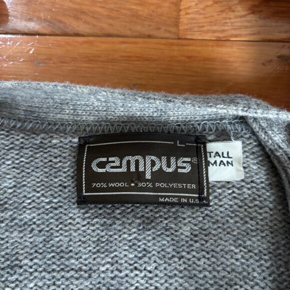Vintage Campus Wool Sweater Mens L Tall Man Cardigan Grandpa 70s 80s Gray USA - Picture 5 of 7